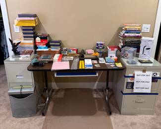 Assorted Office Supplies, Books, and Filing Cabinets