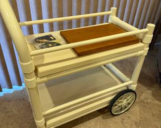Vintage Cream Lacquered Rattan Bar Cart
