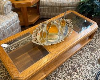 Vintage Oak Coffee Table with Glass Inserts and Ornate Tray Set