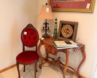 Victorian Style Red Velvet Accent Chair and Carved Wood Console Table