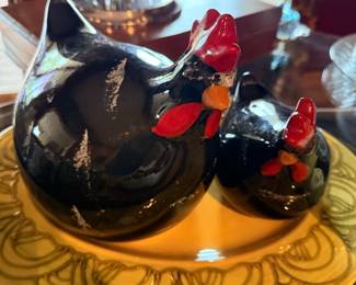 Vintage Black Ceramic Hen and Chick Figurine Set on Yellow Swirl Plate