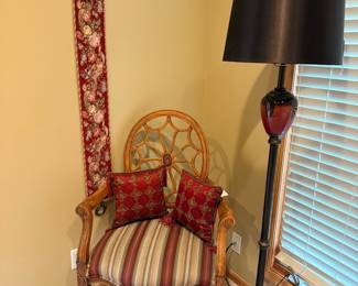 French Style Accent Chair with Floral Tapestry and Floor Lamp