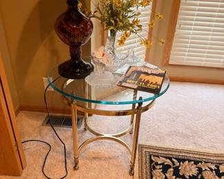 Brass and Glass Accent Table with Amber Glass Lamp