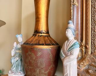 Vintage Asian Figurines with Large Decorative Vase