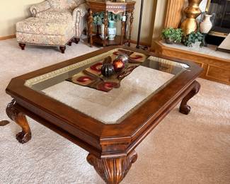 Ornate Carved Mahogany Coffee Table with Glass Top