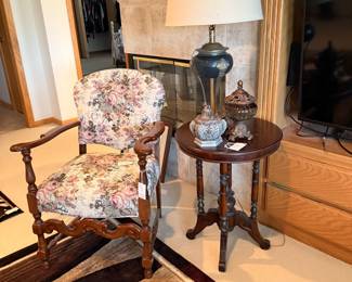 Vintage Floral Upholstered Armchair and Pedestal Table Set