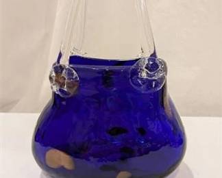 25R  Handblown Cobalt Blue Glass Purse Vase With Gold Splash