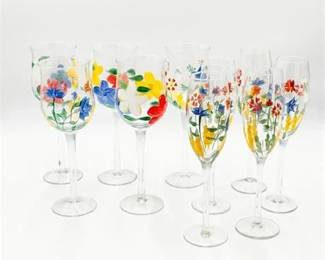 19  Set Of Ten Lena Linderholm HandPainted Floral Wine Glasses And Flutes