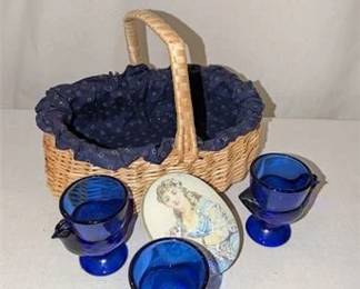 24R  Vintage Cobalt Blue Egg Cups, English Portrait Tin  Country Basket