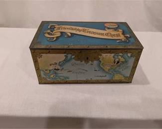 2R  Vintage Tin Friendship Treasure Chest Featuring Historical World Map