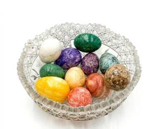 25  Cut Glass Bowl With Eleven Polished Stone Eggs