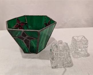 30R  Pier 1 Stained Glass Votive Candle Holder and Two Cut Glass Serving Jars