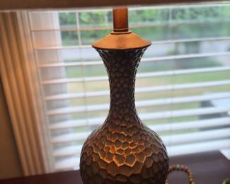 Hammered Bronze Copper Table Lamp Honeycomb Pattern Tan Shade Bedroom Lighting