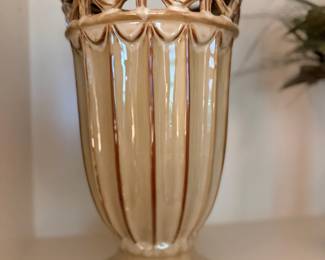 Gold Champagne Fluted Ceramic Vase Tall Cutout Rim Decorative Pottery Home Decor