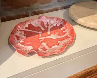 Red Coral Ceramic Art Plate Bowl White Pattern Decorative Pottery Studio Art