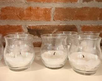 White Candles Clear Glass Votive Holders Set Brick Fireplace Hearth Decor