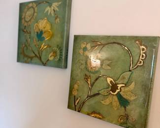 Floral Canvas Wall Art Pair Green Gold Botanical Bird Butterfly Hanging Decor