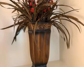 Tall Dark Wood Pedestal Vase Dried Floral Arrangement Red Berry Branches Decor
