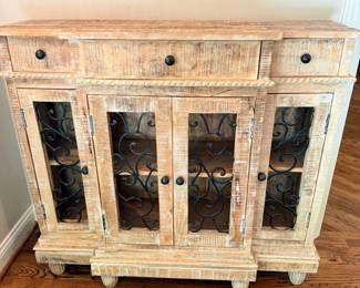 Distressed White Wood Sideboard Cabinet Iron Scroll Doors Farmhouse Furniture