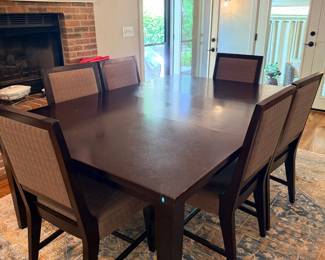 Dark Wood Dining Table Chairs Set Brick Fireplace Dining Room Area Rug