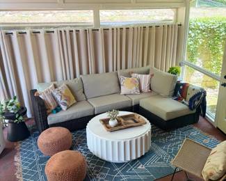 Covered Patio Outdoor Sectional Sofa Woven Pouf Ottomans White Coffee Table Rug