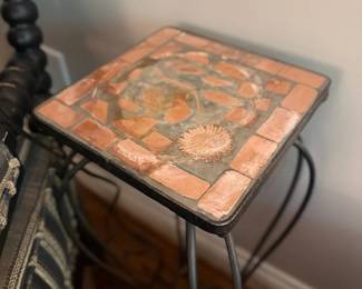 Tile Top Accent Side Table Iron Metal Legs Mosaic Pattern Patio Furniture