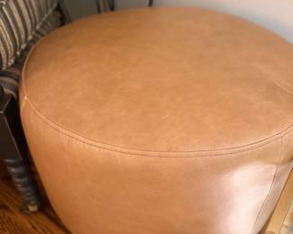 Round Tan Leather Ottoman Pouf Footstool Living Room Seating Furniture