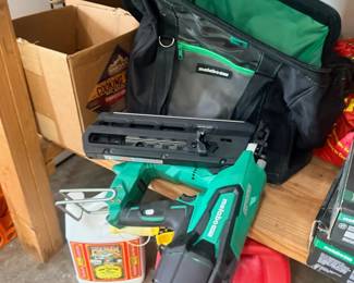 Green Tool Bag Red Gas Can Garage Floor Miscellaneous Equipment Supplies Lot