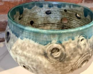 Handmade Pottery Berry Bowl Colander Blue Teal Glaze Stoneware Ceramic Kitchen