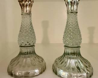 Pair Crystal Glass Decanters Ornate Stoppers Barware Vintage Glassware