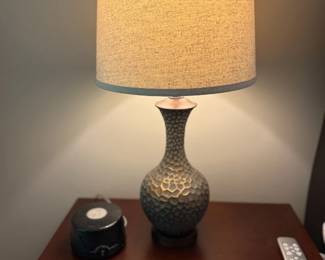 Hammered Bronze Table Lamp Drum Shade Cherry Wood Nightstand Bedroom Lighting