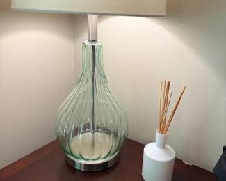 Glass Table Lamp Green Base Linen Shade Reed Diffuser Decorative Plate Dresser Top