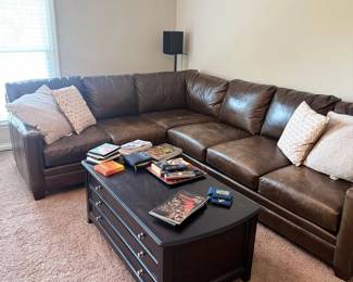 Brown Leather Sectional Sofa Living Room Coffee Table Area Rug Floor Lamp Decor