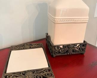 White Ceramic Pitcher Vase Ornate Metal Stand Trivet Home Decor Display
