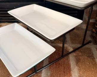 Tiered Serving Stand White Platters Side View Iron Frame Buffet Display