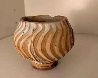 Handmade Pottery Pot Vase Swirl Brown Cream Glaze Stoneware Ceramic Art Decor