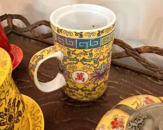 Yellow Chinese Ceramic Mug Cup Dragon Floral Design Asian Pottery Tea