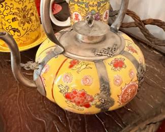 Yellow Chinese Teapot Floral Design Metal Handle Asian Ceramic Pottery Close Up