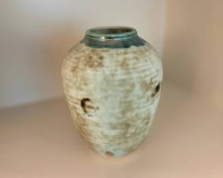Ceramic Pottery Vase Swirl Cream Brown Glaze Green Rim Stoneware Art Home Decor