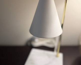 Gray Cone Shade Desk Lamp Brass Curved Arm Marble Base Modern Task Lighting