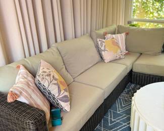 Covered Patio Outdoor Sectional Sofa Decorative Pillows Curtains Blue Area Rug