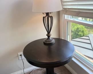 Round Pedestal Side Table Dark Wood Table Lamp White Shade Window Accent Furniture