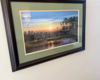 Framed Landscape Art Print Sunset Palm Trees Water Scene Dark Wood Frame Wall Decor