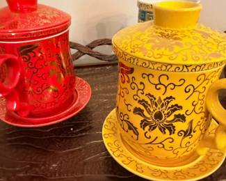 Red Yellow Chinese Ceramic Jars Canisters Gold Scroll Design Asian Pottery Lot