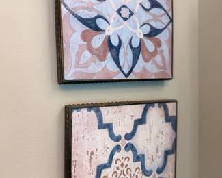 Decorative Canvas Wall Art Pair Tile Medallion Pattern Blue Pink Gold Frame Decor
