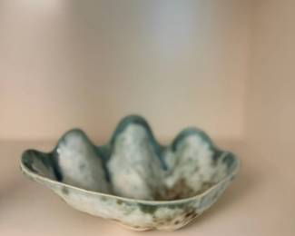 Handmade Pottery Bowl Scalloped Petal Edge Blue Gray Speckled Glaze Ceramic Art