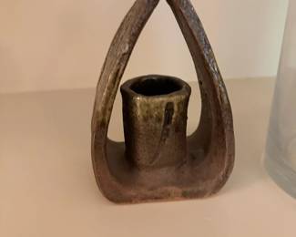 Rustic Pottery Vessel Arched Handle Dark Glaze Primitive Folk Art Ceramic Decor