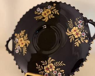 Black Tole Painted Serving Tray Gold Floral Design Handles Toleware Vintage Decor