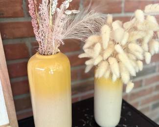 Yellow Cream Ombre Ceramic Vases Dried Bunny Tail Grass Pink Flowers Porch Decor