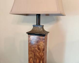 Decorative Table Lamp Burl Wood Hammered Metal Base Fabric Shade Lighting